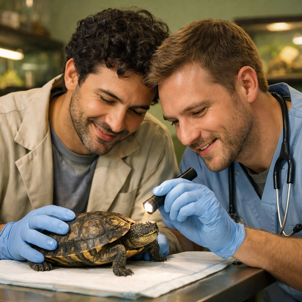 LGBTQ+ scientists collaborating on turtle care at reptile rescue facility
