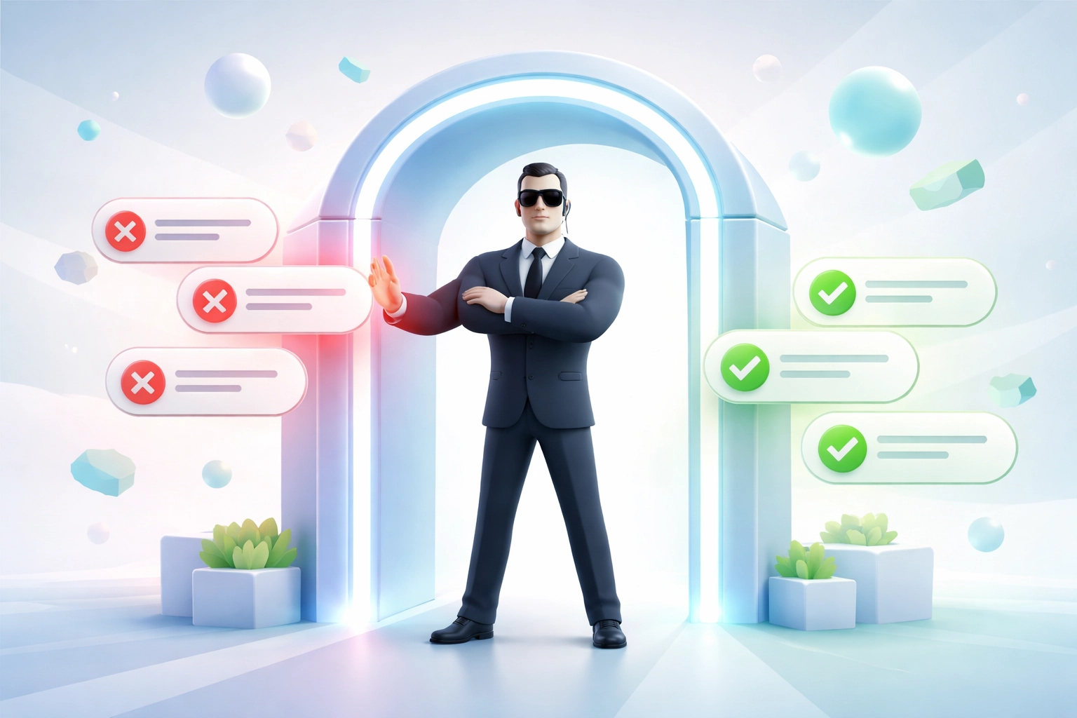 Illustration of a digital gatekeeper blocking irrelevant PPC search terms, representing negative keywords.