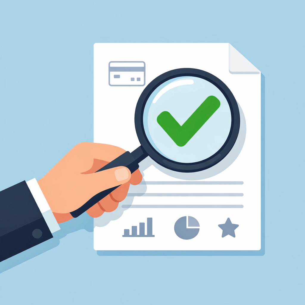 Revisión exitosa de un reporte de crédito para familias latinas con lupa y marca de aprobación.