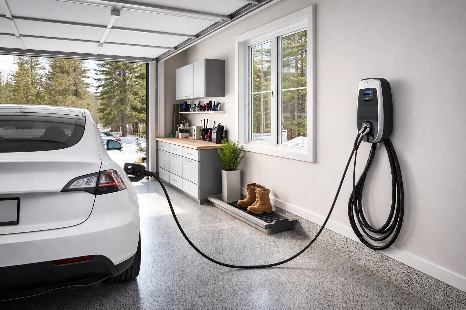 Modern Maine garage with electric vehicle charging on a wall-mounted Level 2 charger for home upgrades