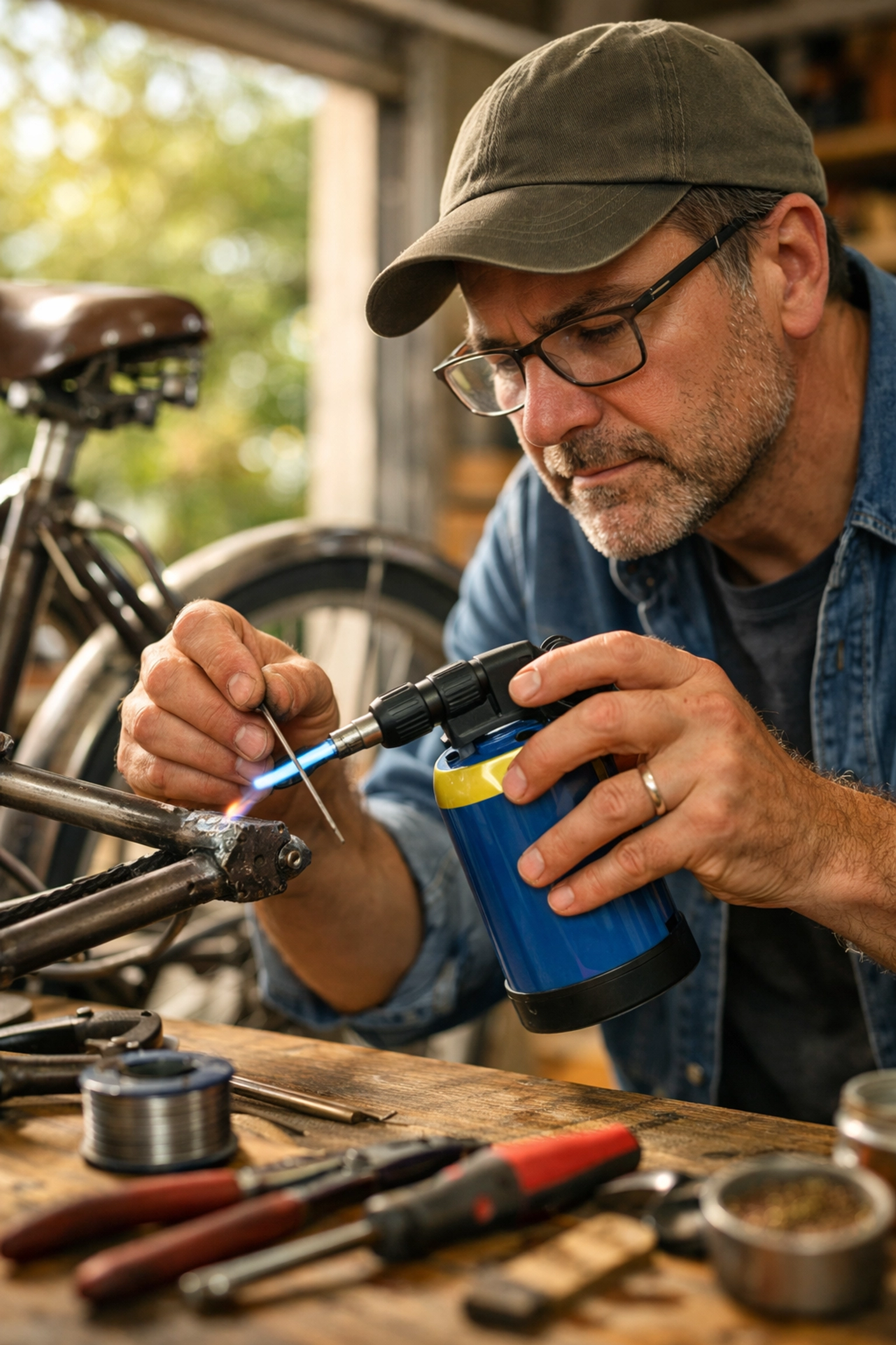 DIY enthusiast using a small disposable gas canister for a metal repair project in a home garage.