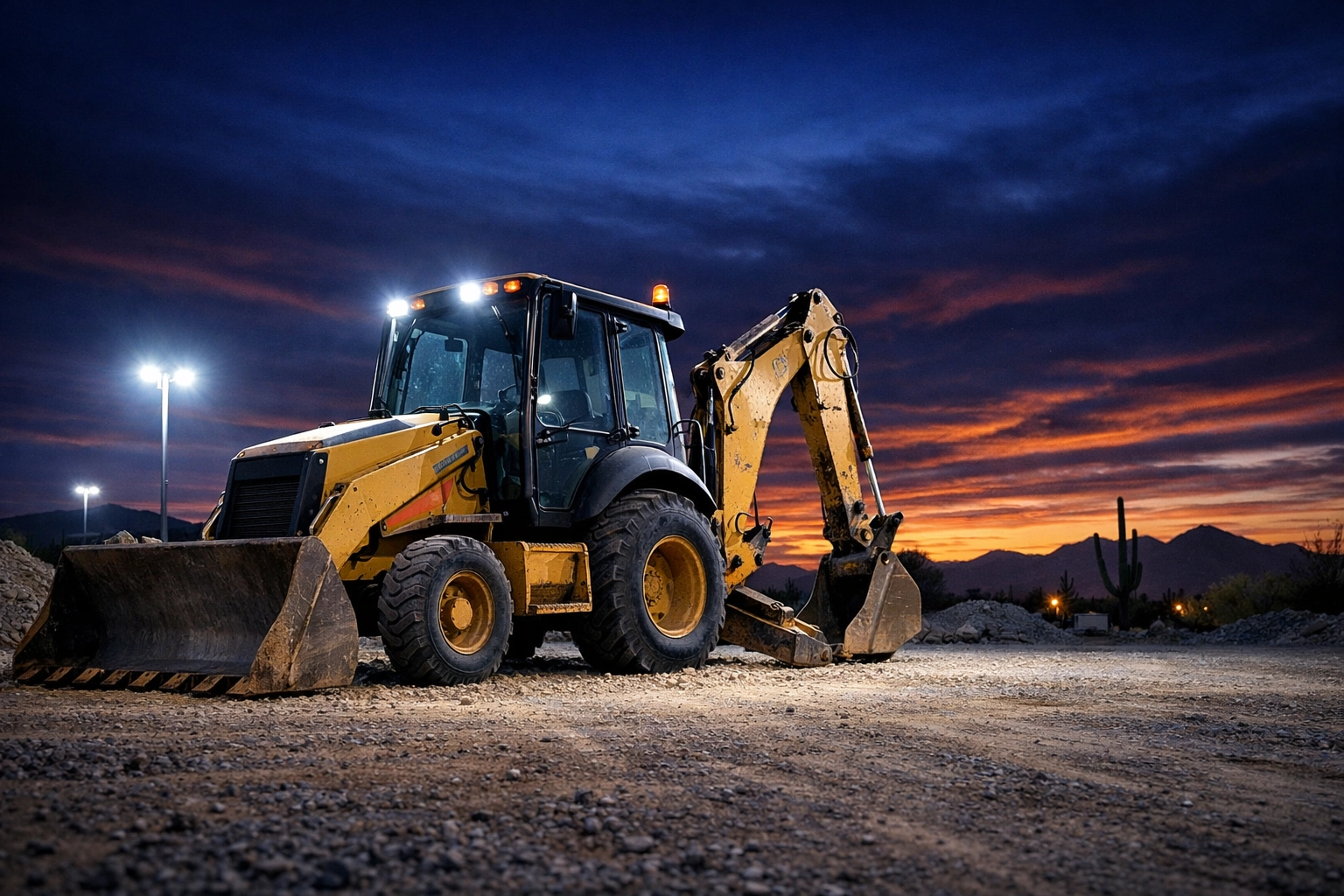 A used backhoe loader parked on a Tucson worksite, showing the reliability of used equipment financing.