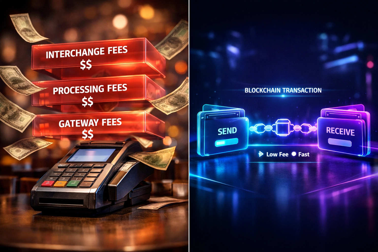 Traditional merchant interchange fees compared to Web3 payment processing cost reduction