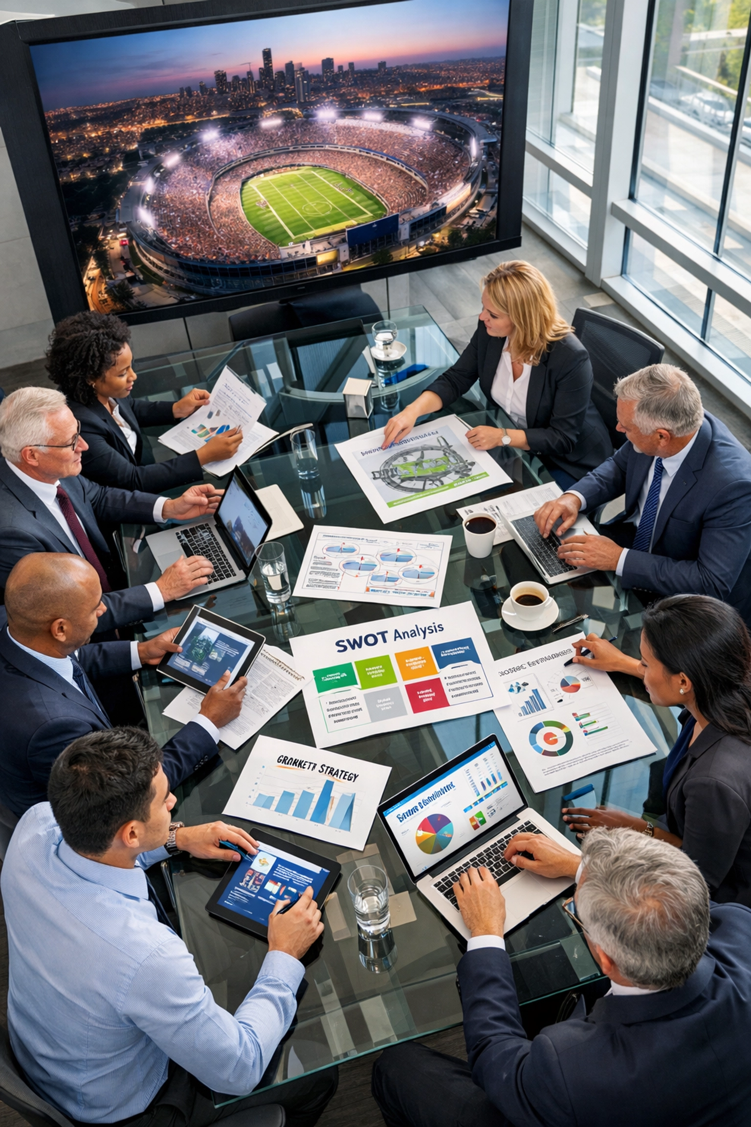 Super Bowl Corporate Travel Secrets Revealed: What Fortune 500 Companies Know About Brand Visibility Business executives planning Super Bowl corporate travel strategy in modern conference room