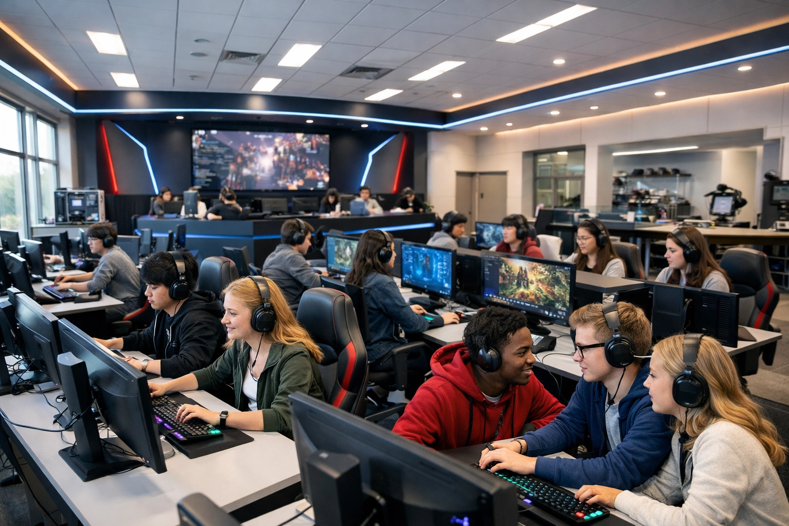 High school students collaborating in a modern esports technology lab designed by Dakdan Worldwide for educational growth.