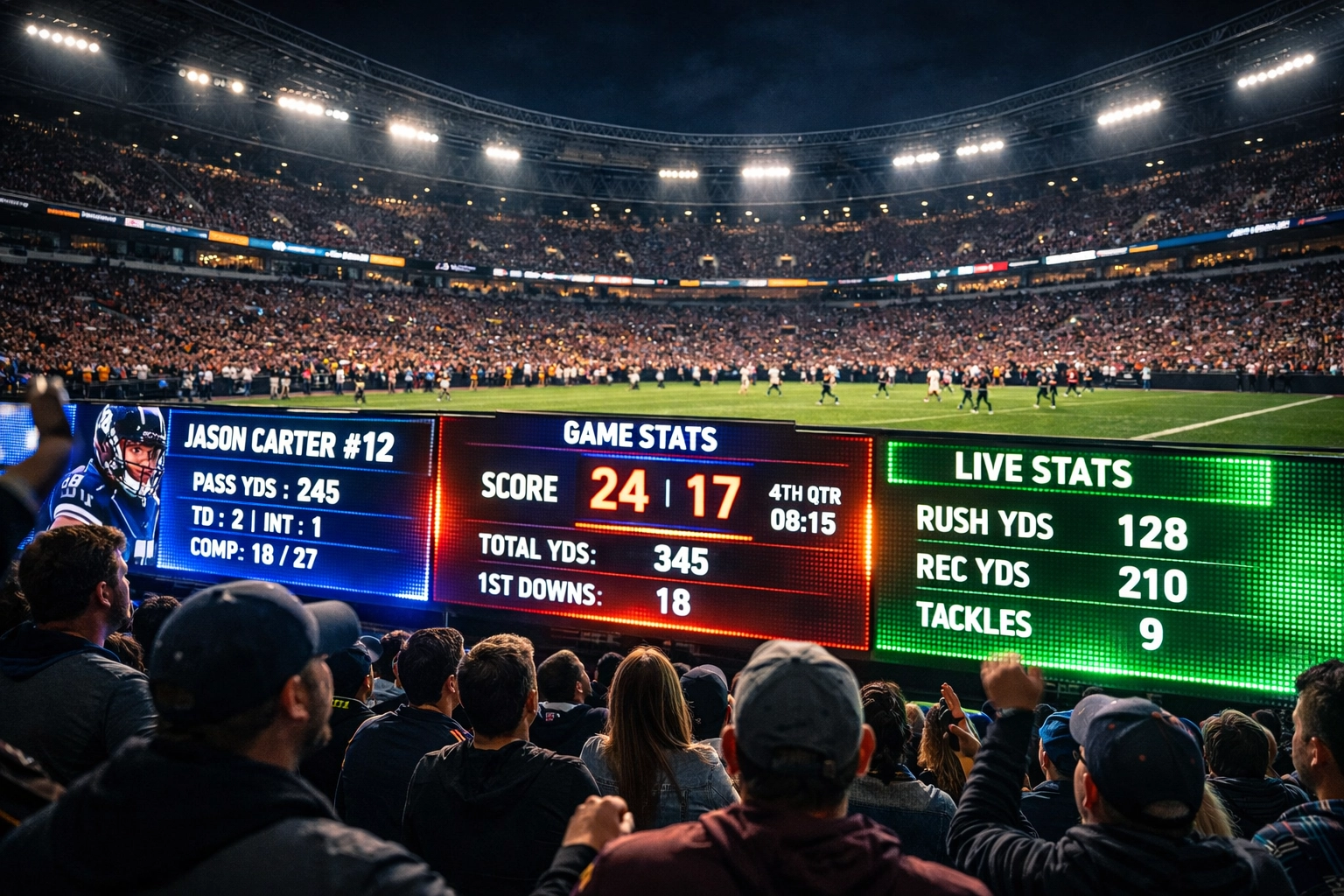 Stadium perimeter screens displaying live player statistics while fans watch the game