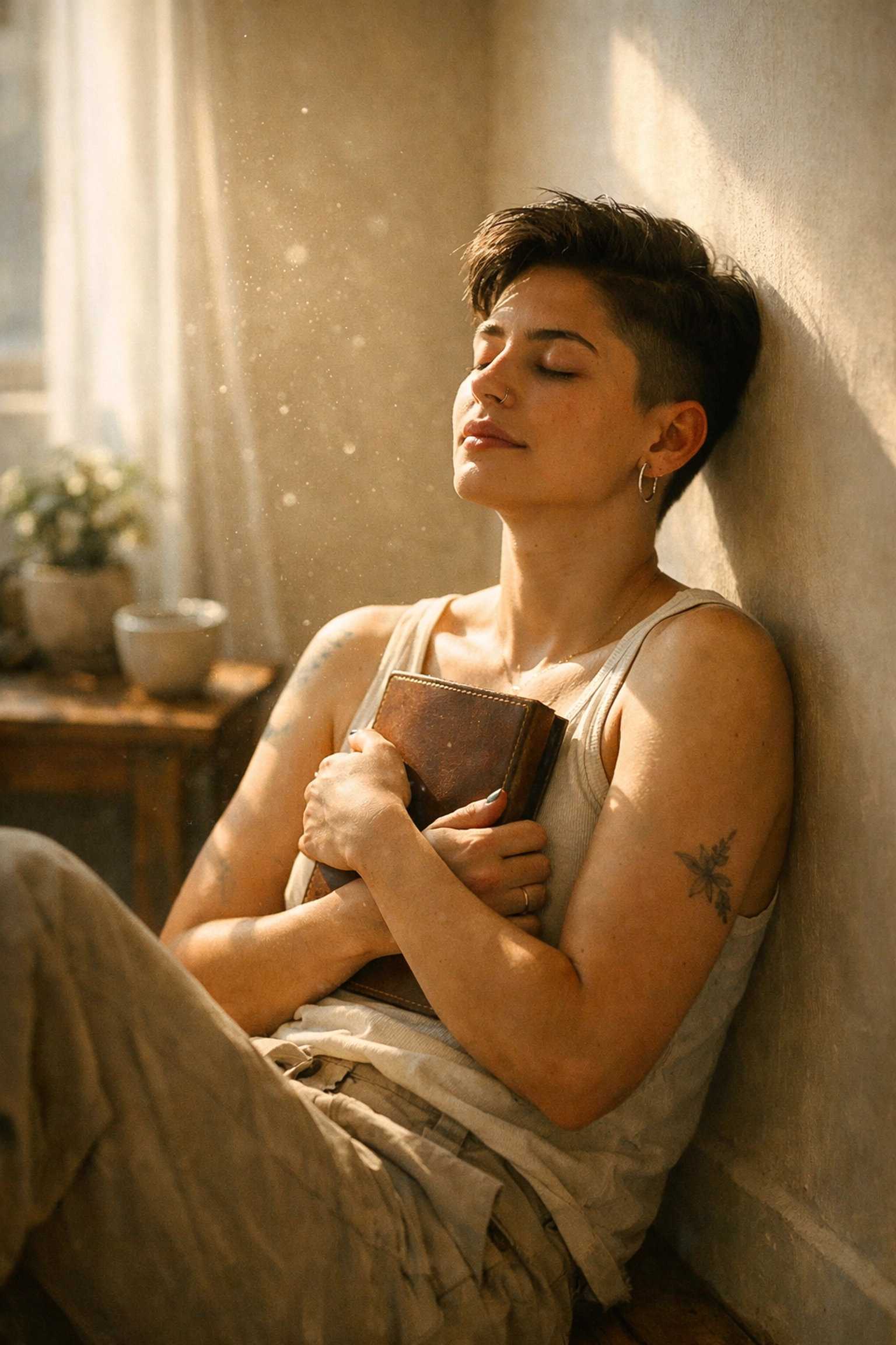 A queer person holding a journal for emotional processing and LGBTQ+ healing.