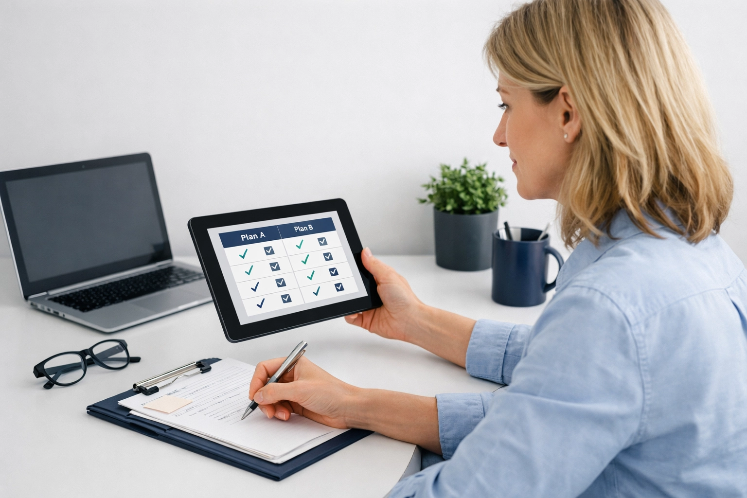Woman at a modern desk considers supplemental insurance for employees, evaluating benefit choices.