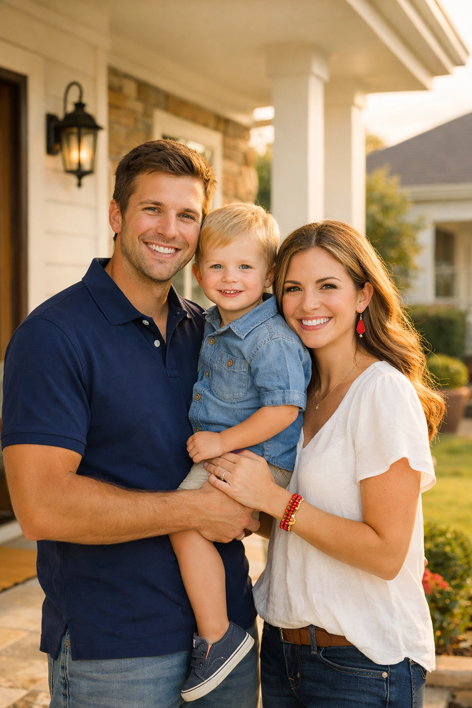 Happy Texas family standing on the porch of a suburban home, illustrating the benefits of a high credit score.