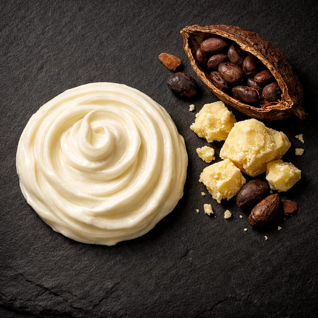Creamy premium beard butter swirl with raw shea butter and cocoa ingredients on a dark surface.