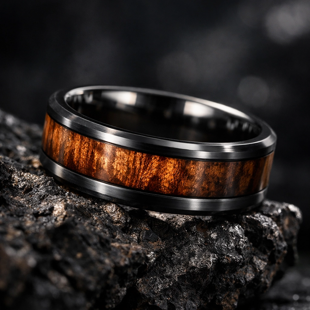 Hybrid wedding ring featuring a Koa wood inlay inside a durable Tungsten metal band.