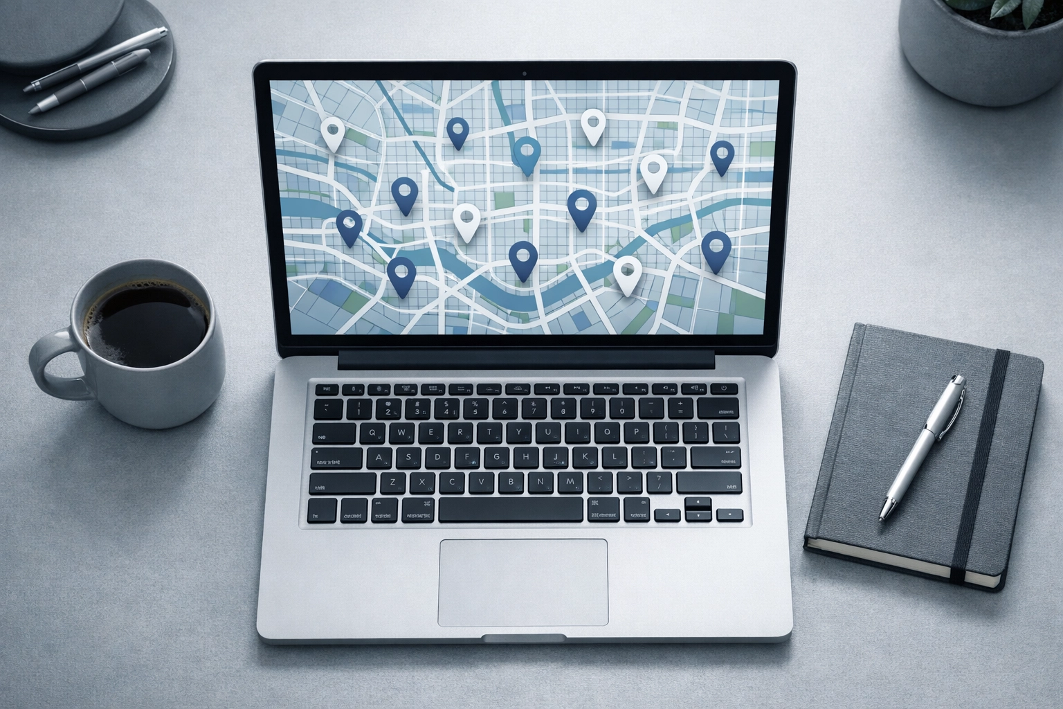 Laptop displaying digital map with location pins for local rank tracking across service areas