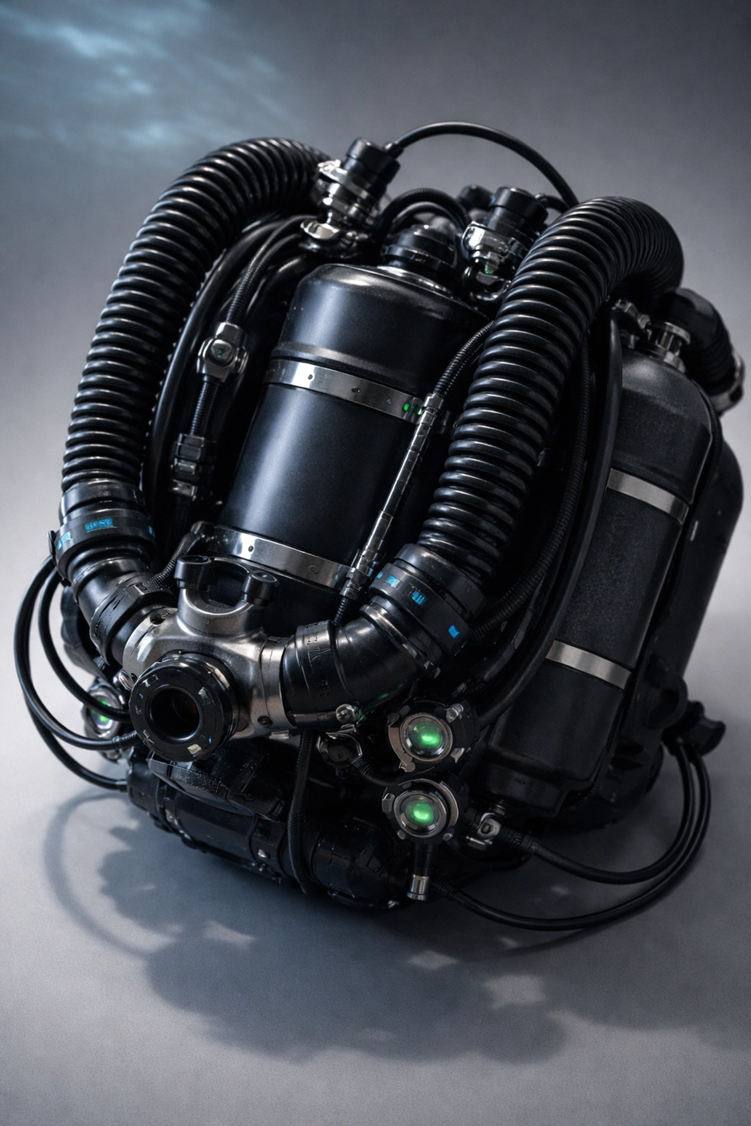 Detailaufnahme eines modernen CCR Rebreather Tauchgeräts mit Schläuchen und Sensoren für technisches Tauchen