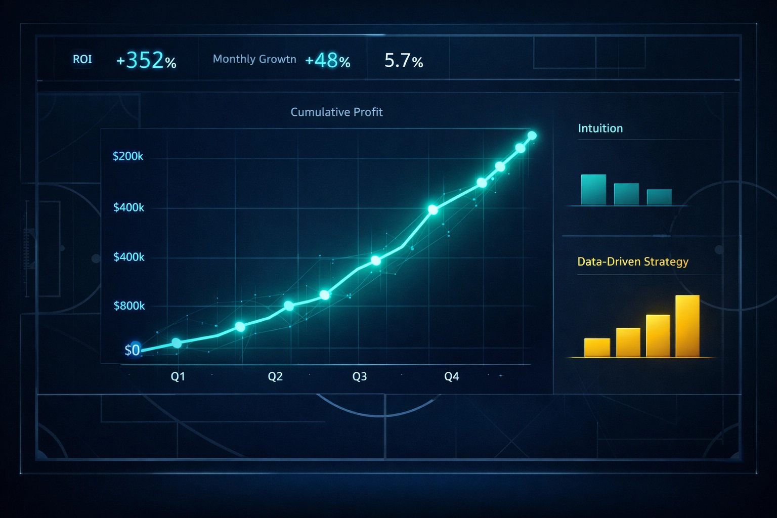 Data visualization showing profit trends comparing intuition versus a data-driven football betting strategy.
