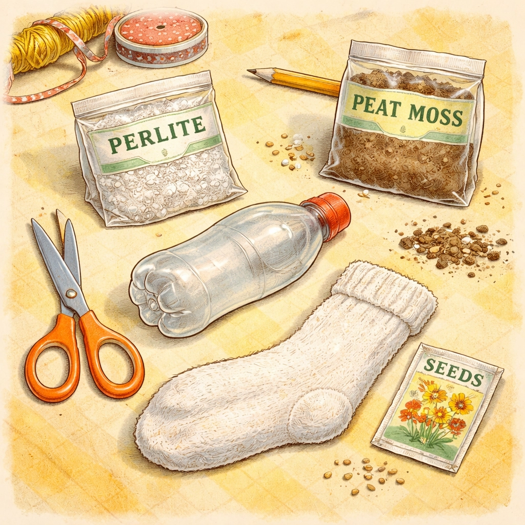 Illustration of DIY hydroponic planter supplies including a soda bottle, scissors, sock, perlite, peat moss, and seeds on a kitchen table.