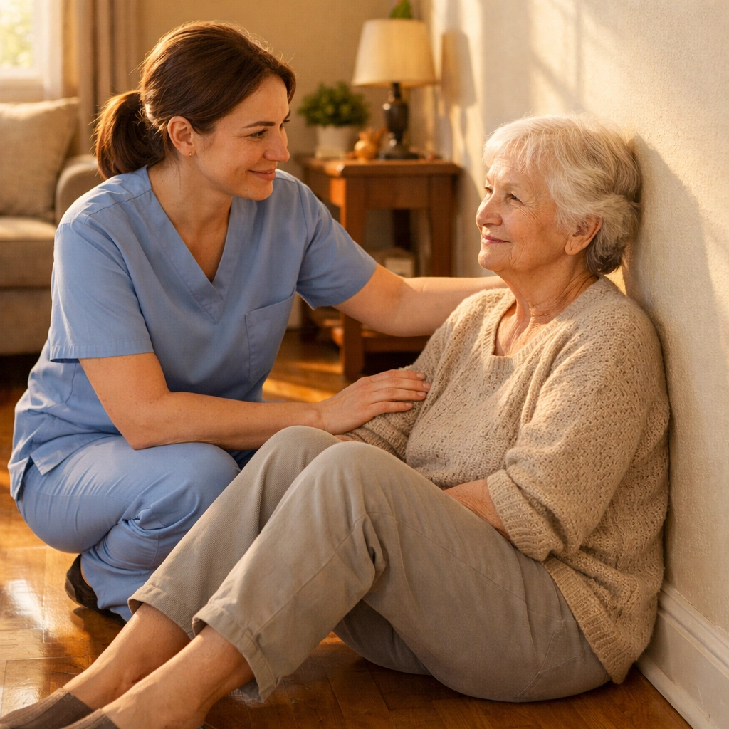 Caregiver kneeling beside elderly person on floor during initial fall assessment