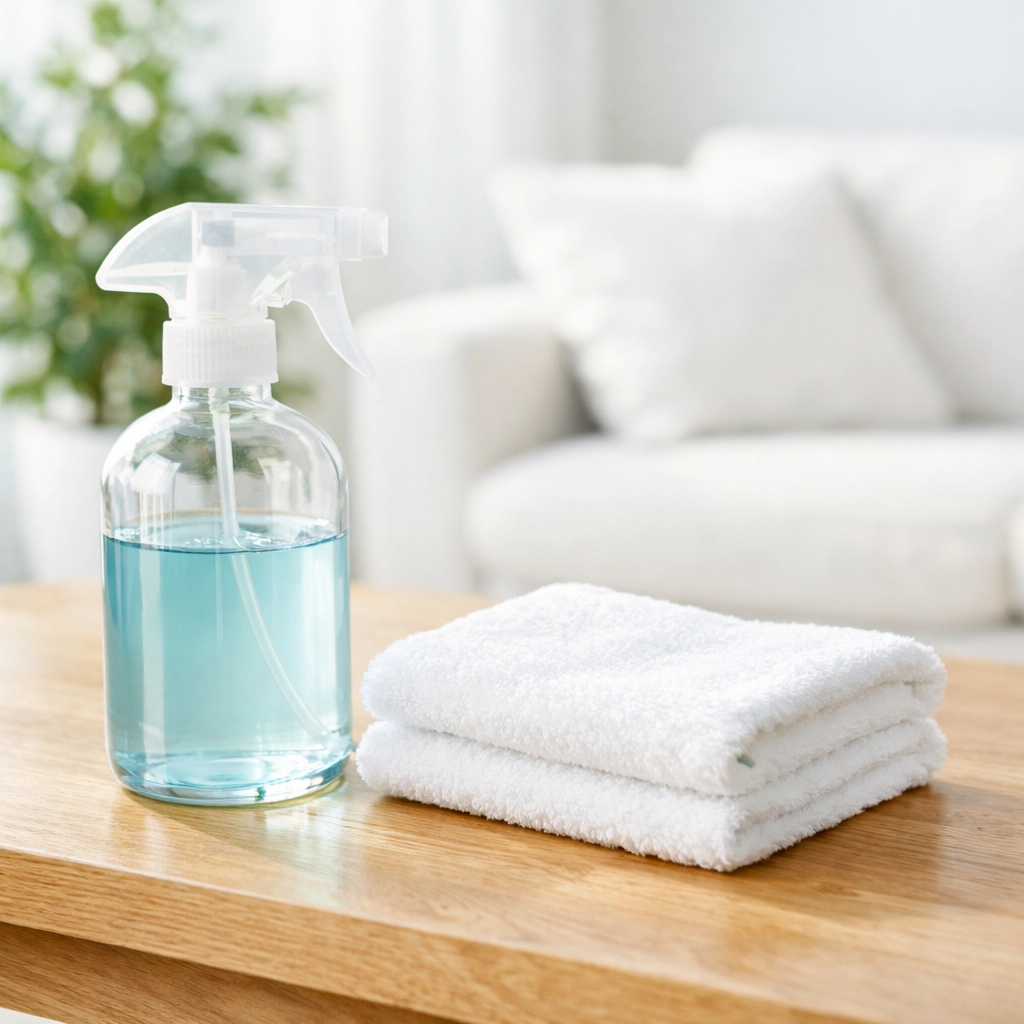 Eco-friendly products and a microfiber cloth used for safe weekly house cleaning in a bright living room.