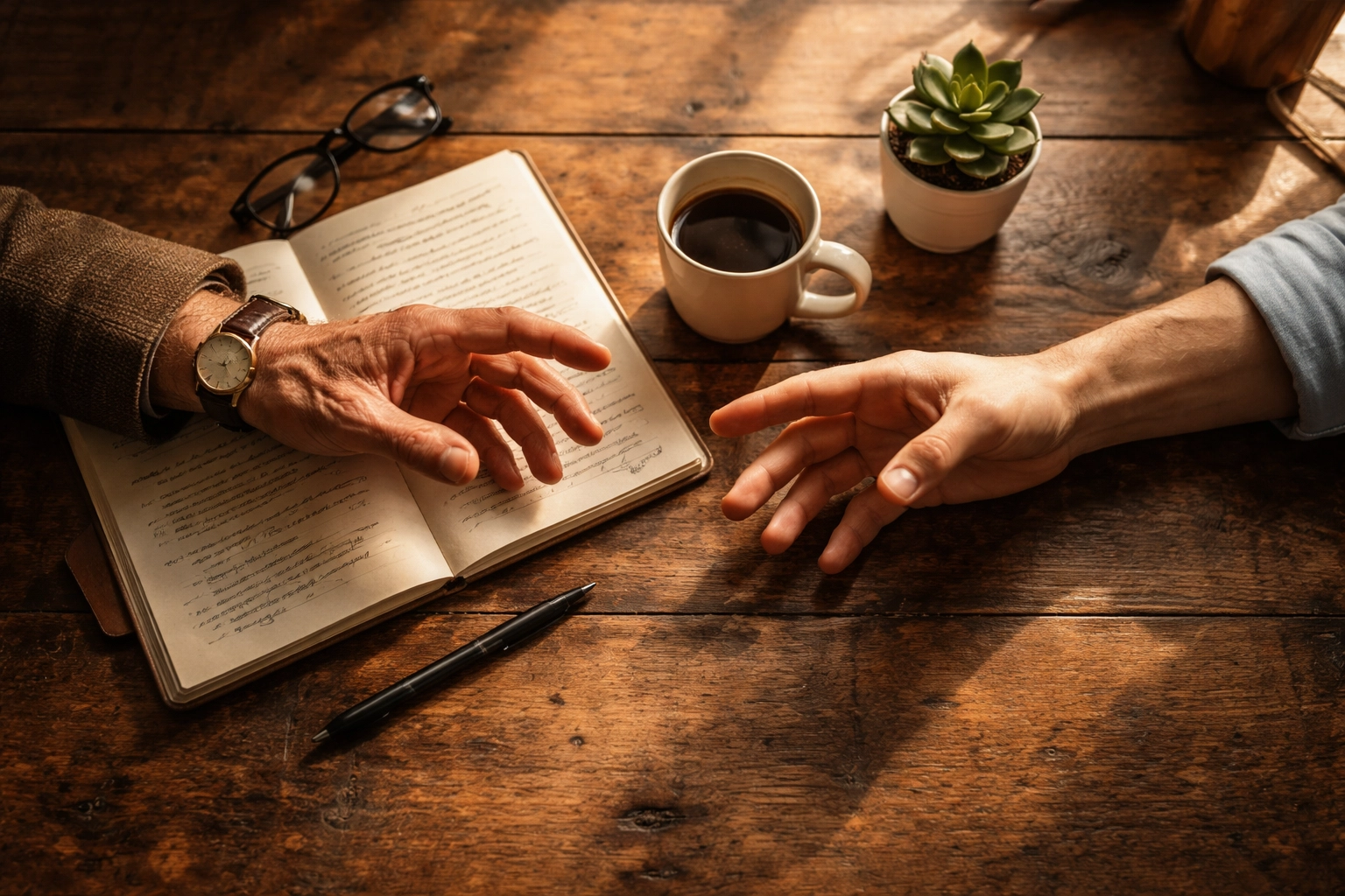 Mentor and entrepreneur meeting at a table, representing smart capital and valuable partnerships in hospitality.