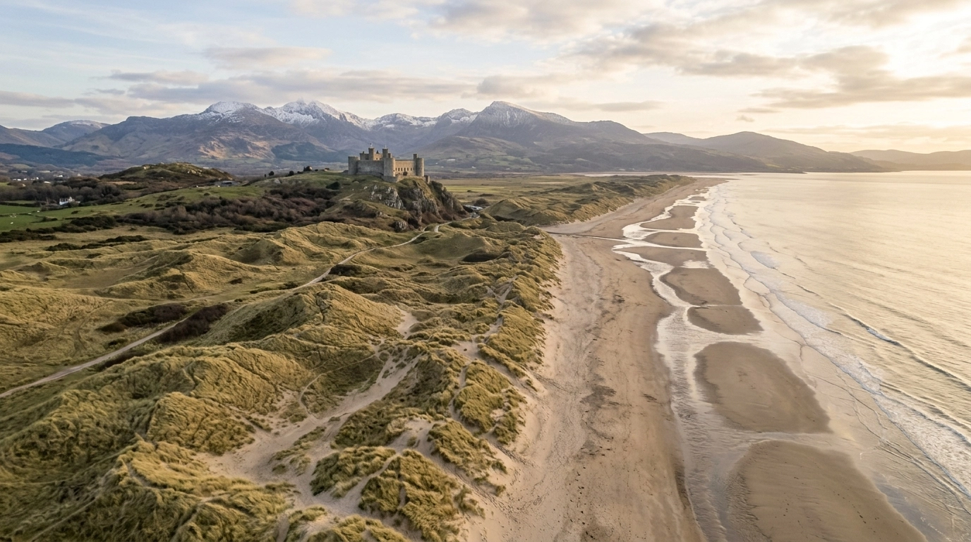 A wide aerial view of Harlech Beach in North Wales, showing the massive, rolling sand dunes with Harlech Castle in the distance.