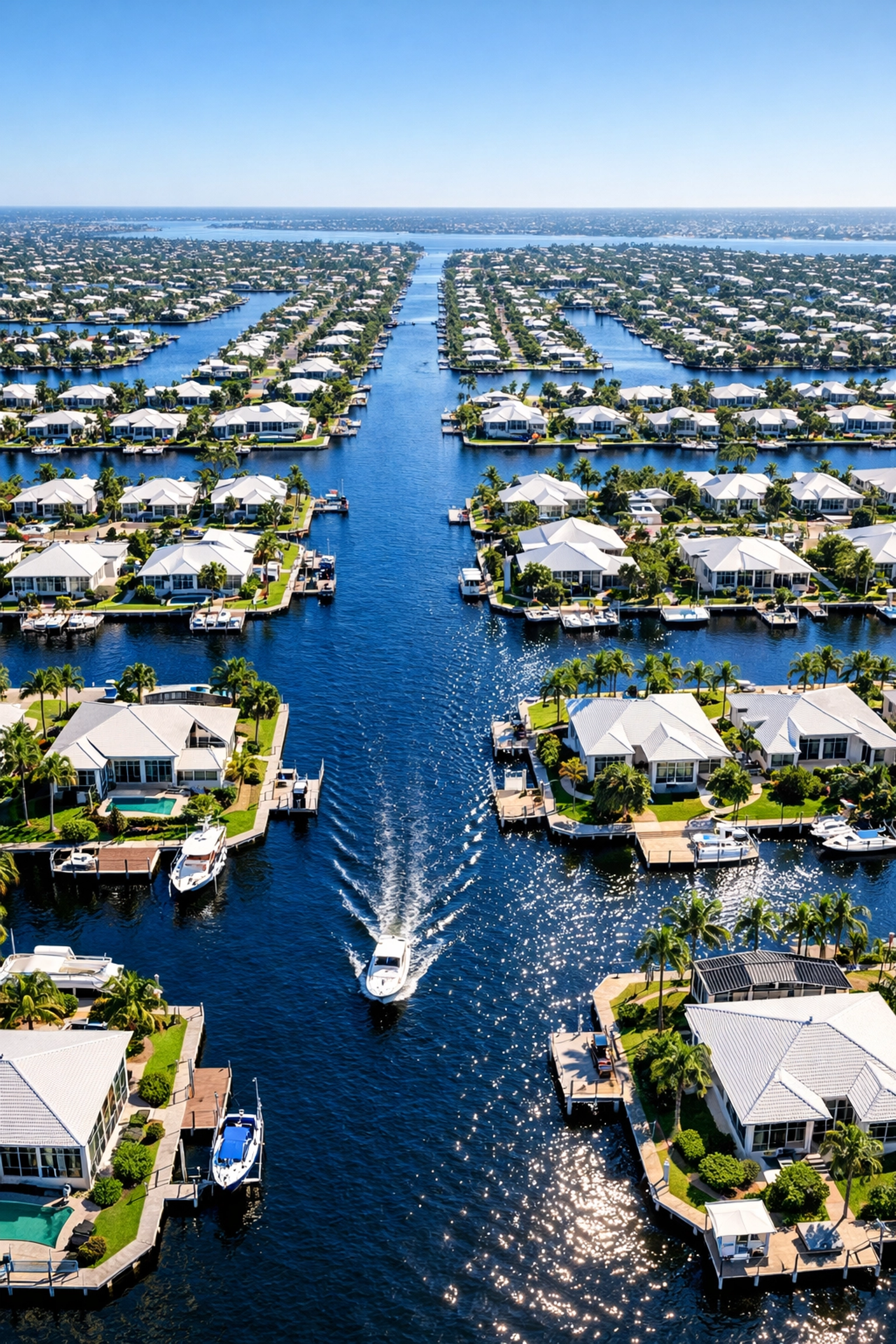Aerial view of Cape Coral waterfront homes and the extensive canal network in Southwest Florida.