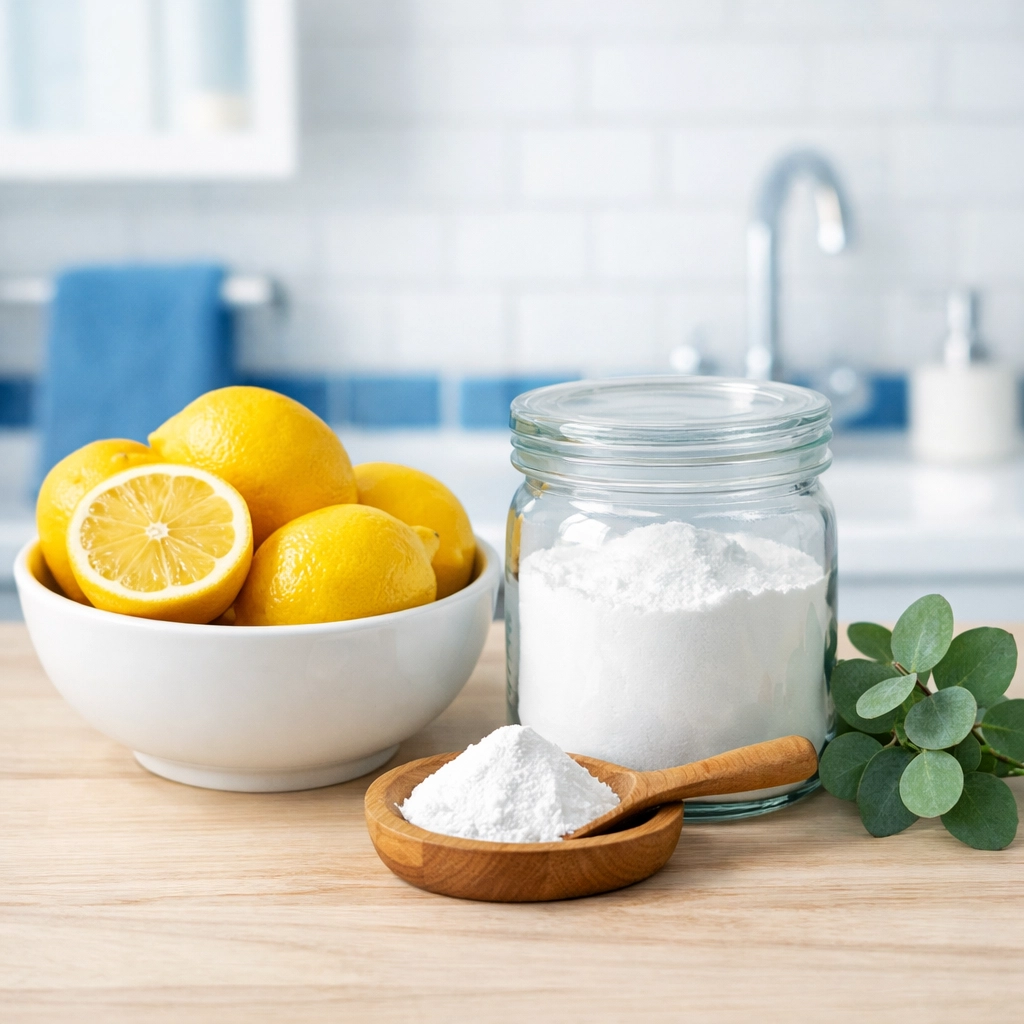 Eco-friendly deep cleaning essentials like fresh lemons and baking soda for a healthy, green home.