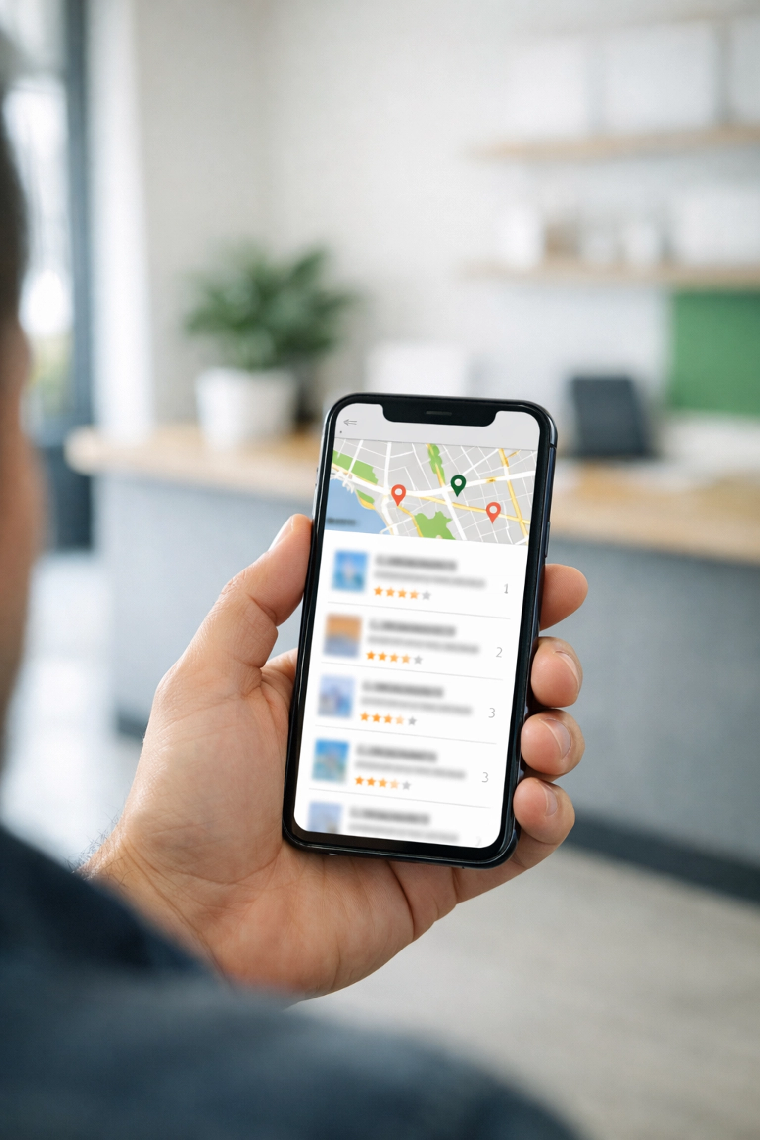 Local business owner using a smartphone to manage their Google Business Profile and local search map listing.