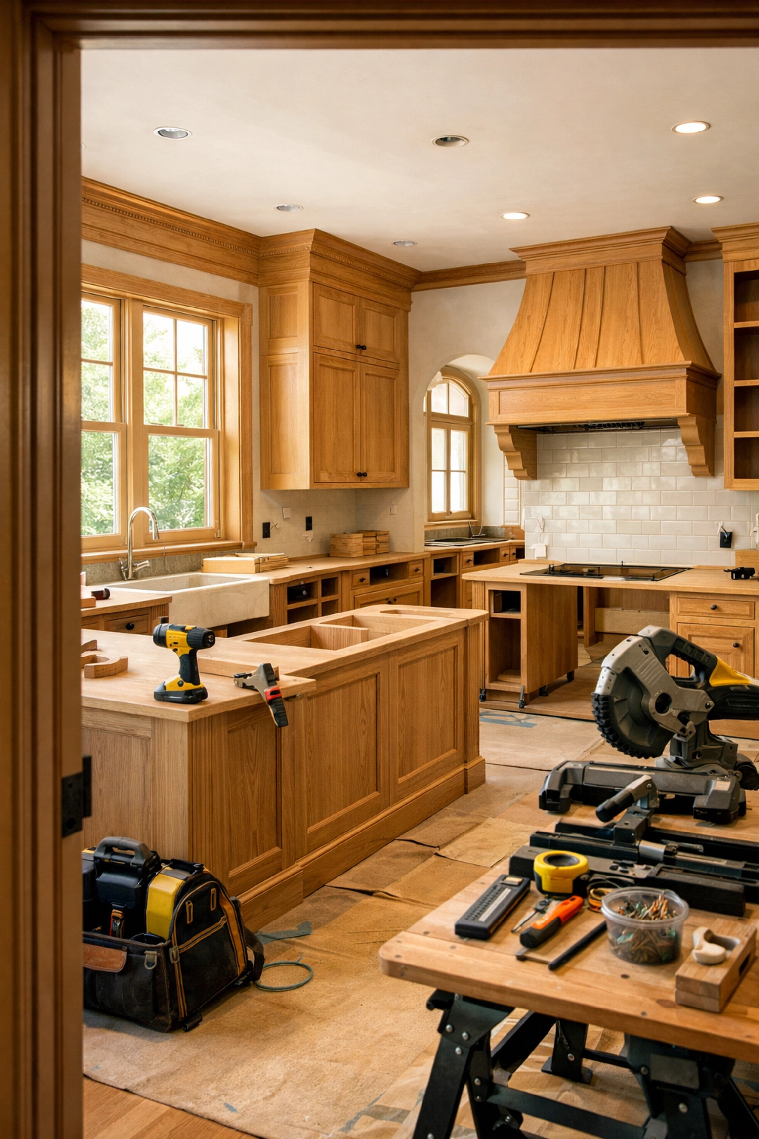 Custom cabinetry installation in new kitchen during home construction