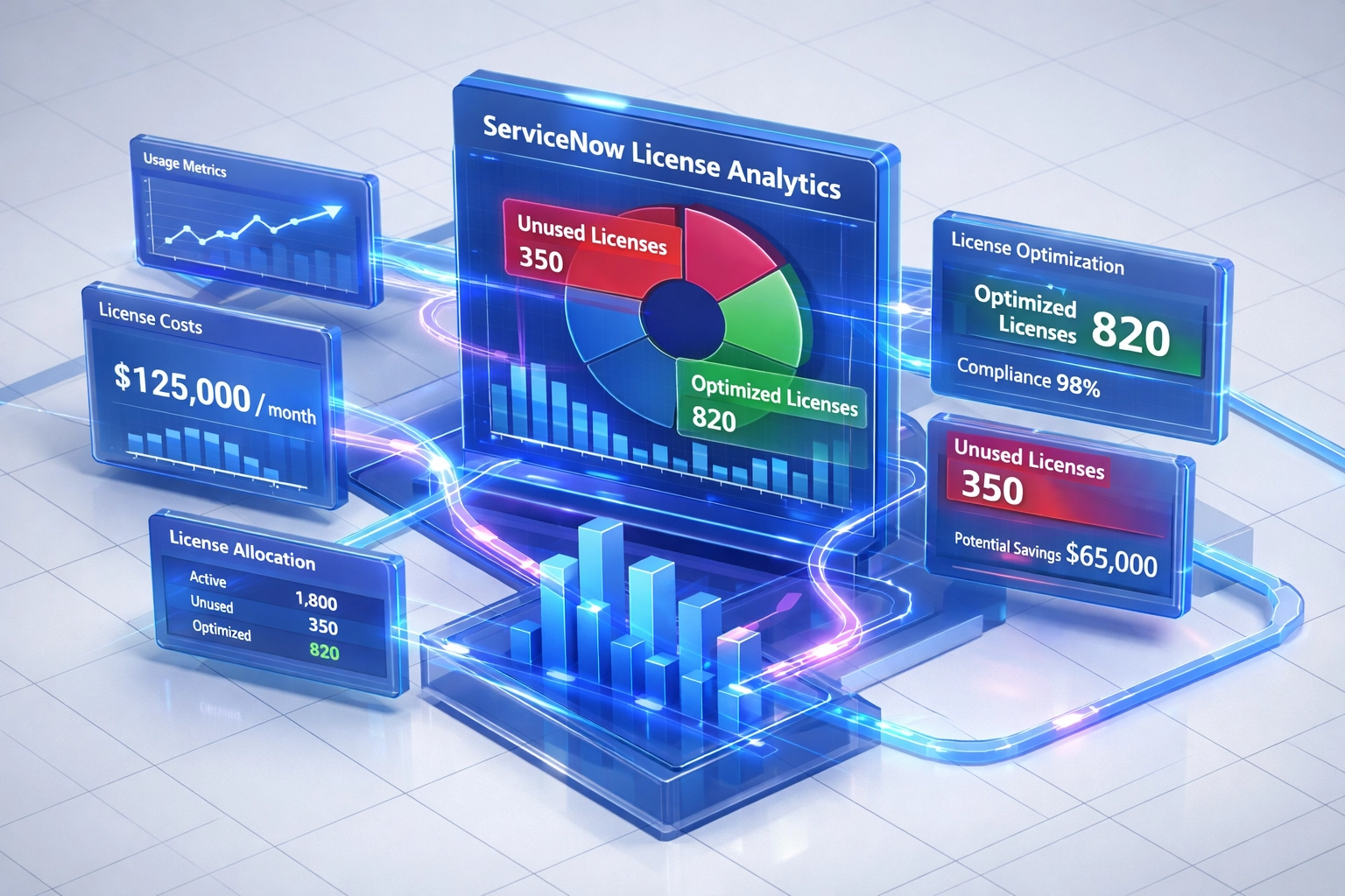 ServiceNow ITAM dashboard displaying license analytics with unused and optimized licenses highlighted