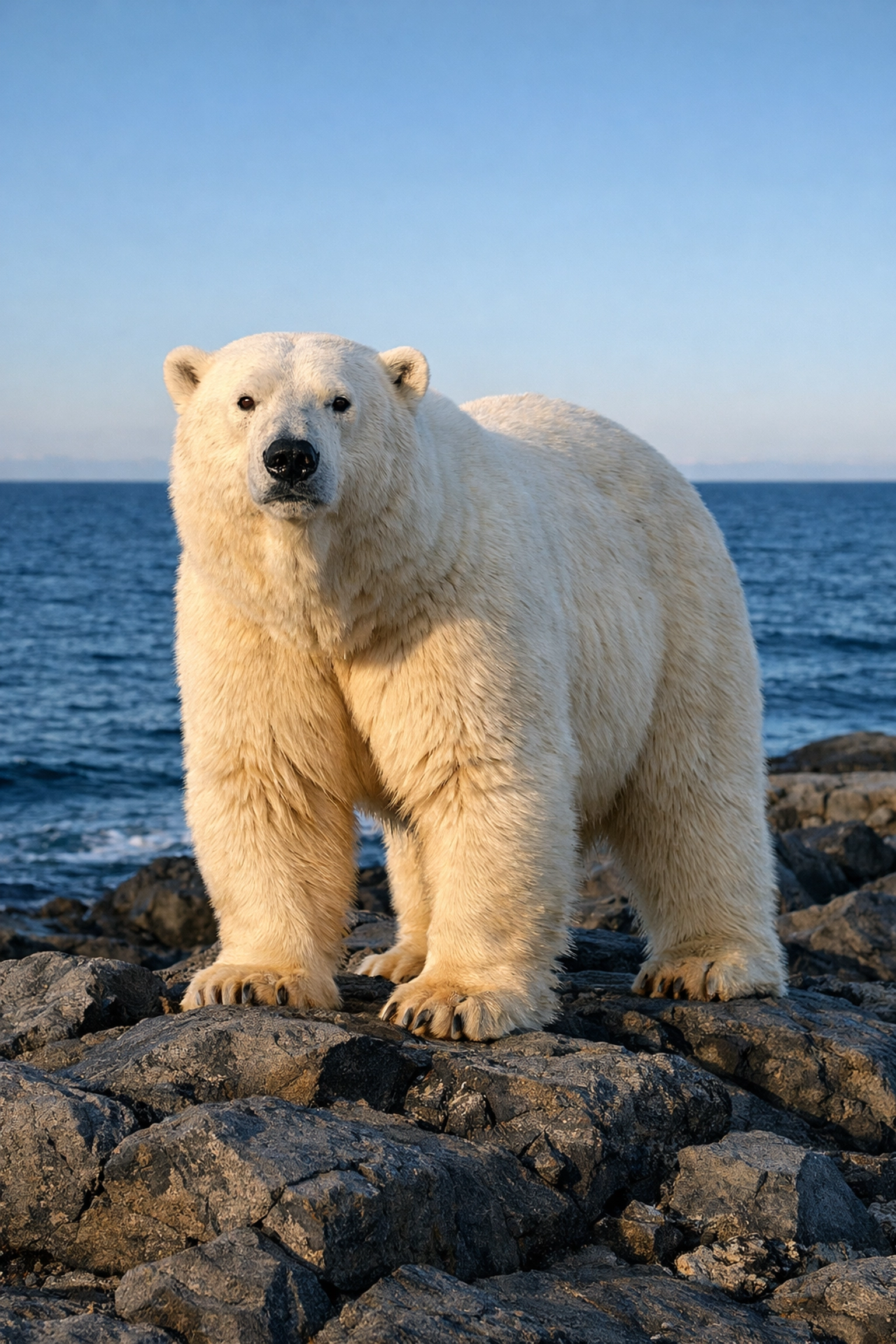 Majestic polar bear on a rocky Arctic shoreline representing resilient wildlife habitat.