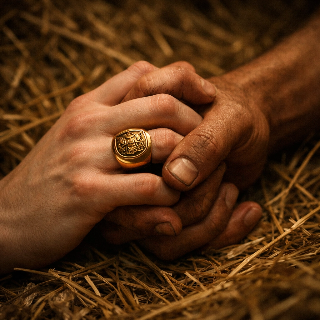 Close-up of a royal hand with a signet ring and a worker's hand intertwined in hay.