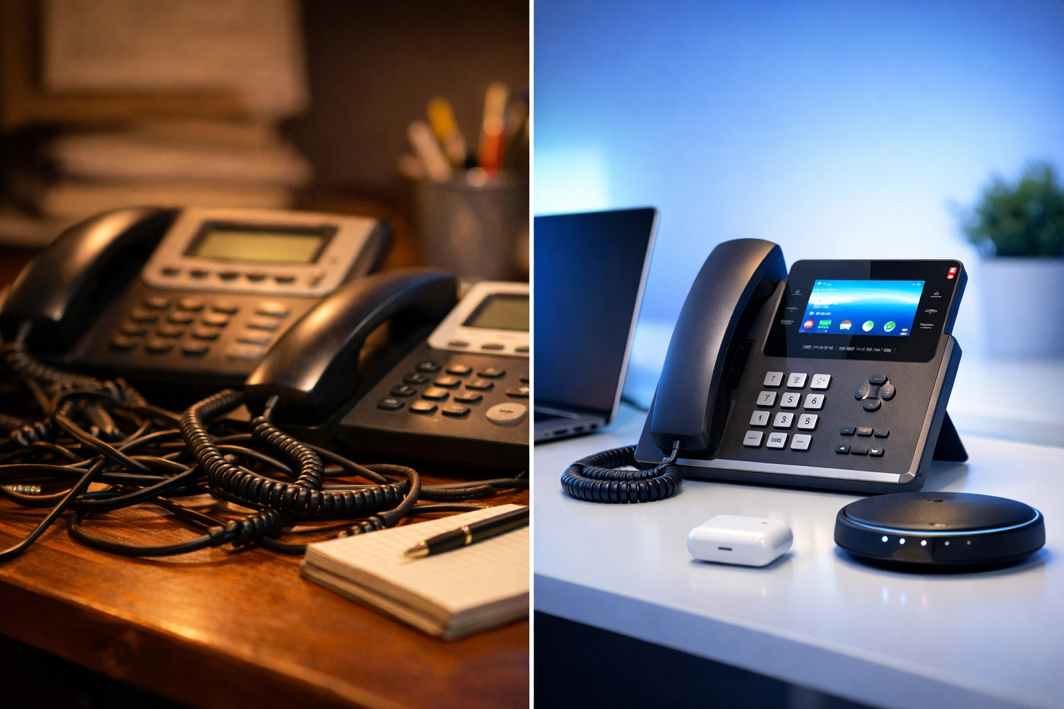 Comparison of traditional desk phone versus modern VoIP phone system