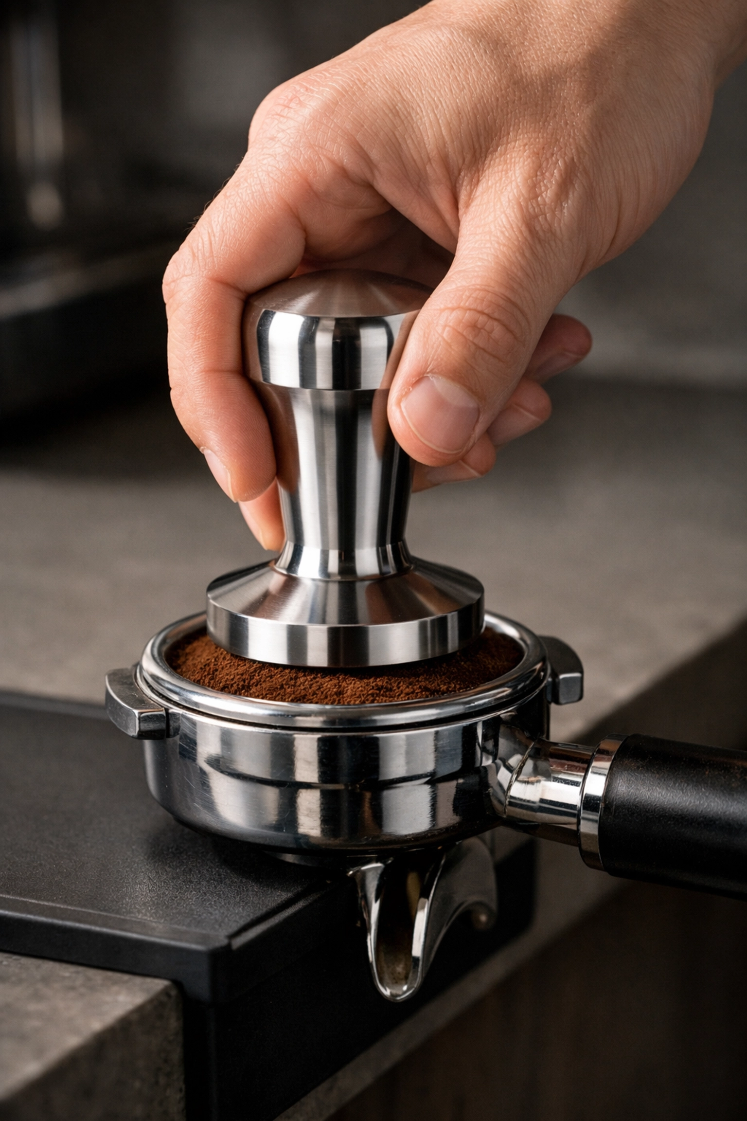 Using a stainless steel coffee tamper to compress espresso grounds in a portafilter.