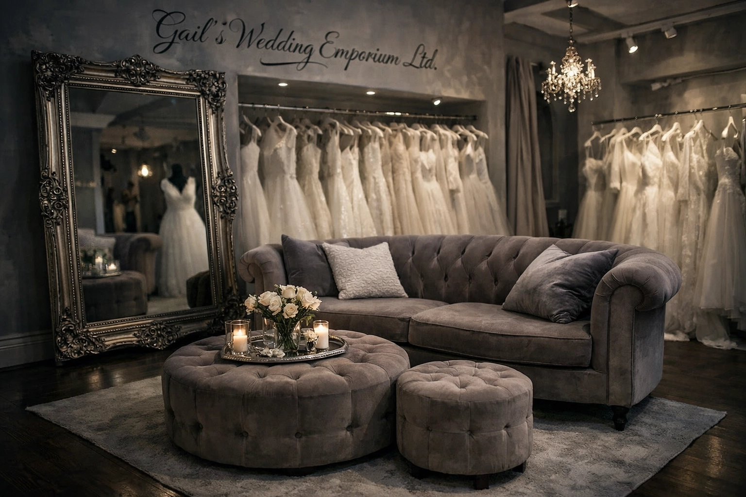 Interior of Gail's Wedding Emporium boutique in Ripon featuring ivory designer bridal gowns and fitting area.