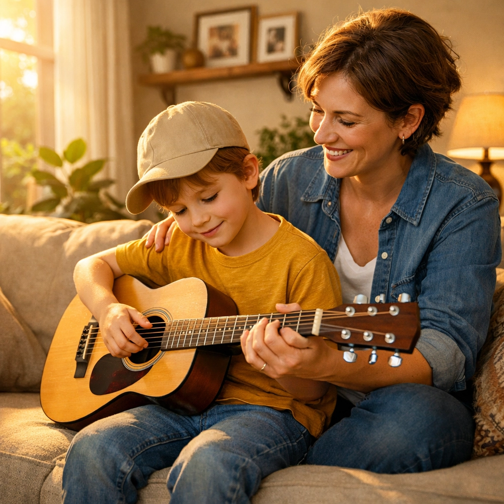 A parent helping a child practice guitar at home after online music lessons.