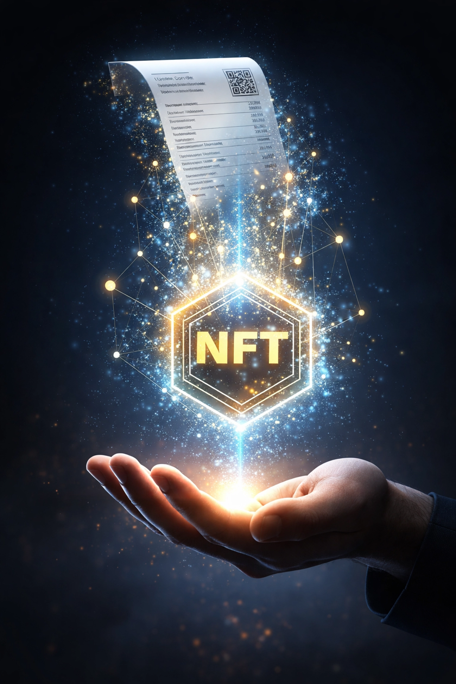A digital receipt transforming into an NFT token above a hand, illustrating blockchain-based payment verification