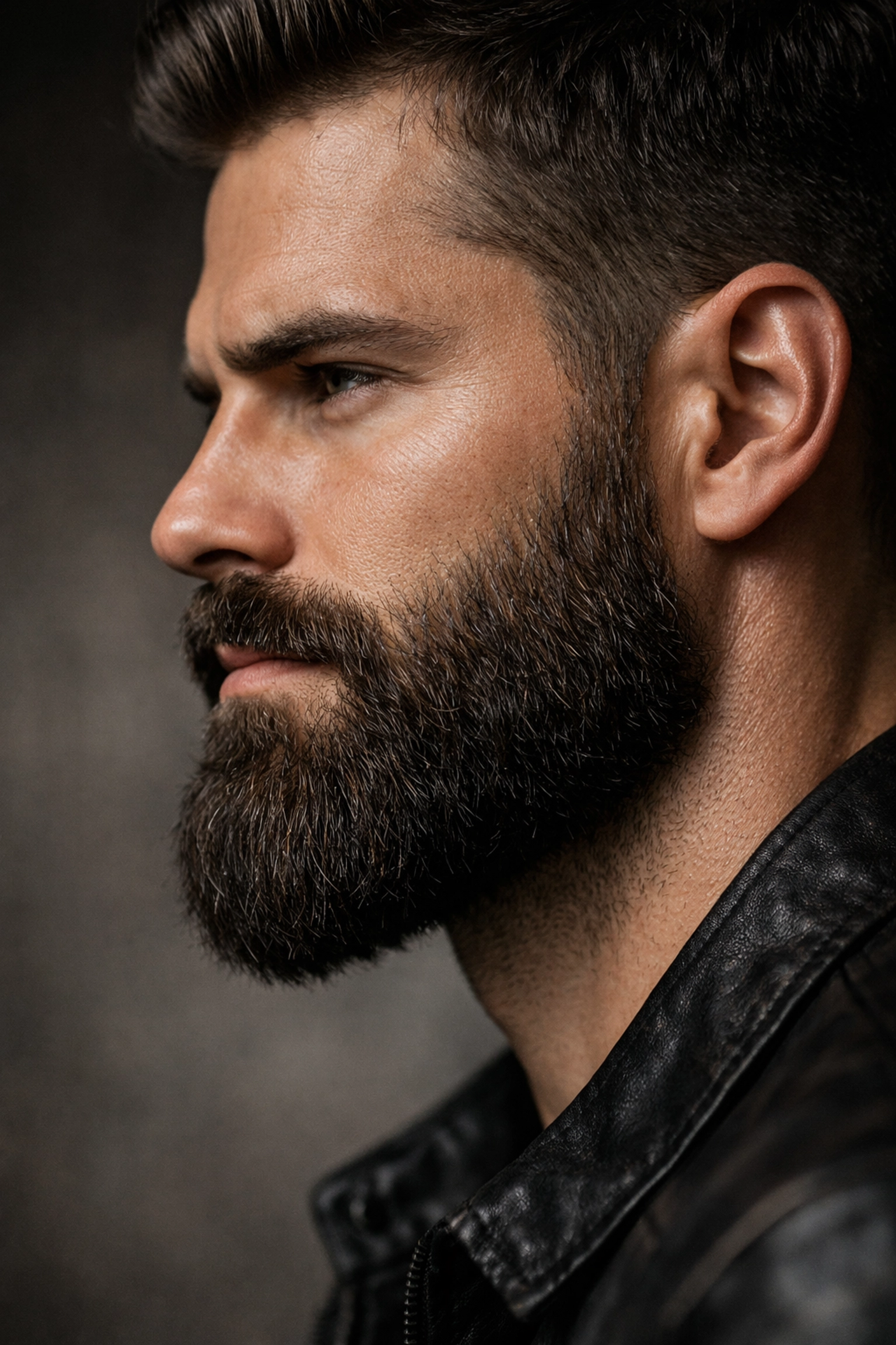 A man with a thick, well-groomed beard showing healthy shine and hydrated skin after oil application.