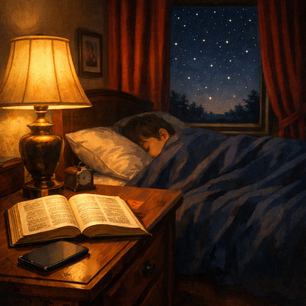 Peaceful bedroom at night with Bible on nightstand and phone face-down for restful sleep