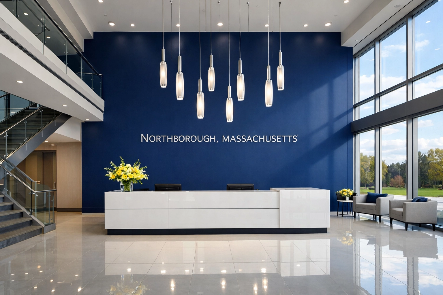 Impeccably clean corporate lobby in Northborough with glossy tiles and a professional reception area.