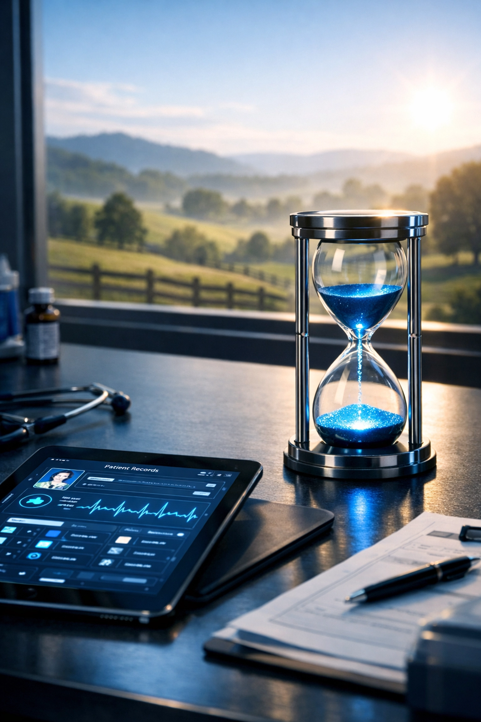 Secure medical tablet and hourglass on a Kentucky office desk representing 2026 HIPAA compliance deadlines.