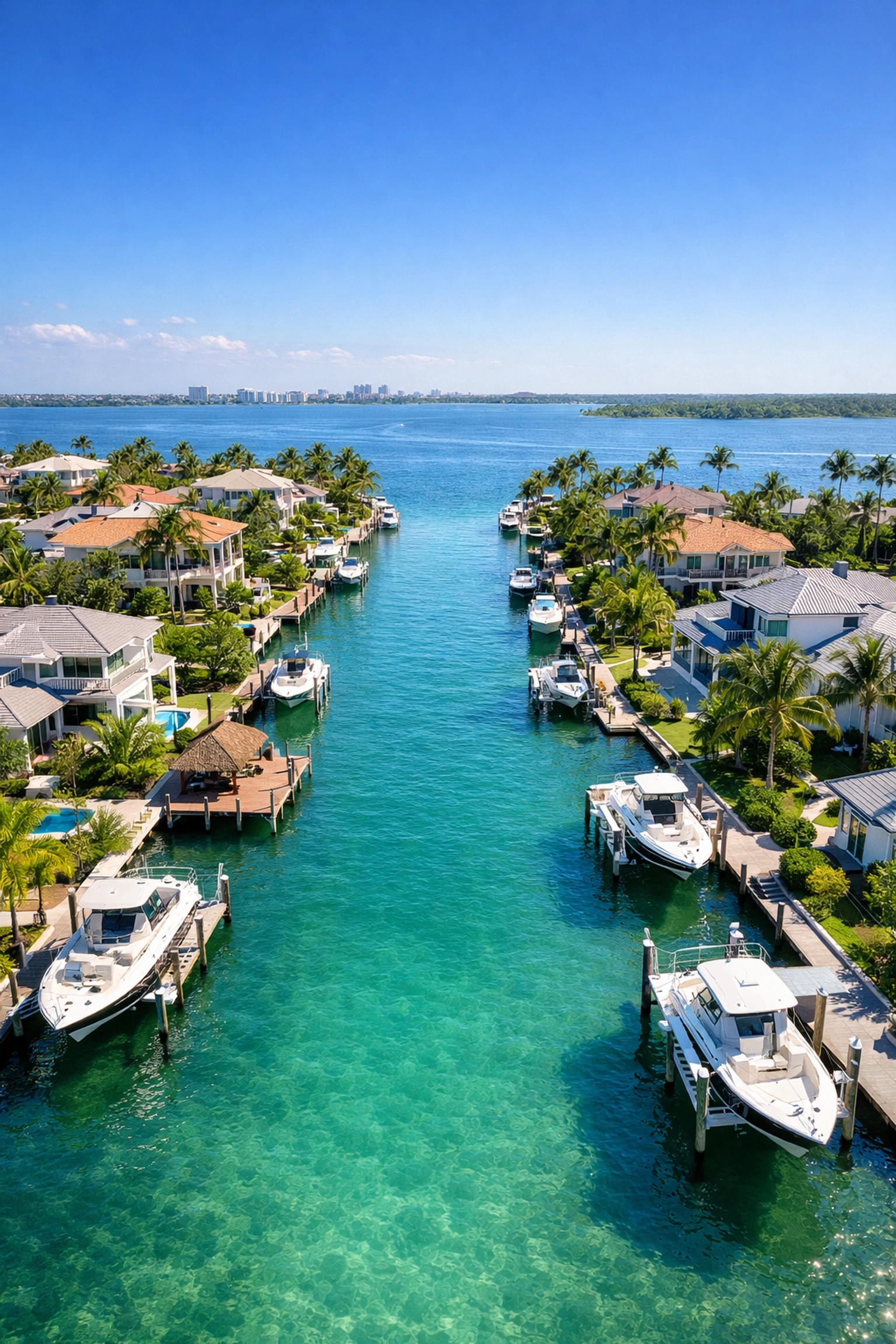 Aerial view of luxury SWFL waterfront homes and turquoise canals with private boat docks.
