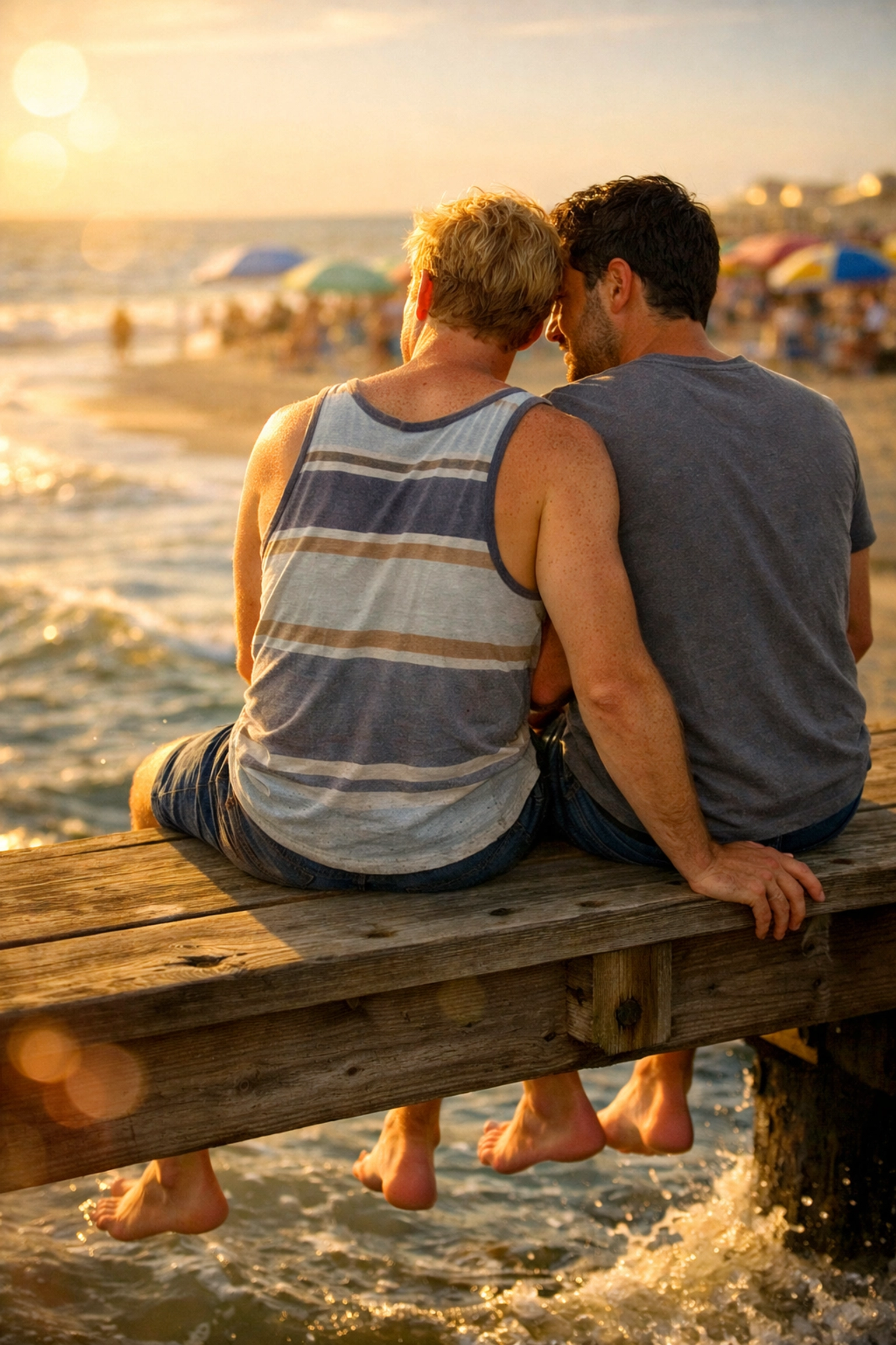 Gay couple enjoying summer evening on Poodle Beach boardwalk in Rehoboth, Delaware