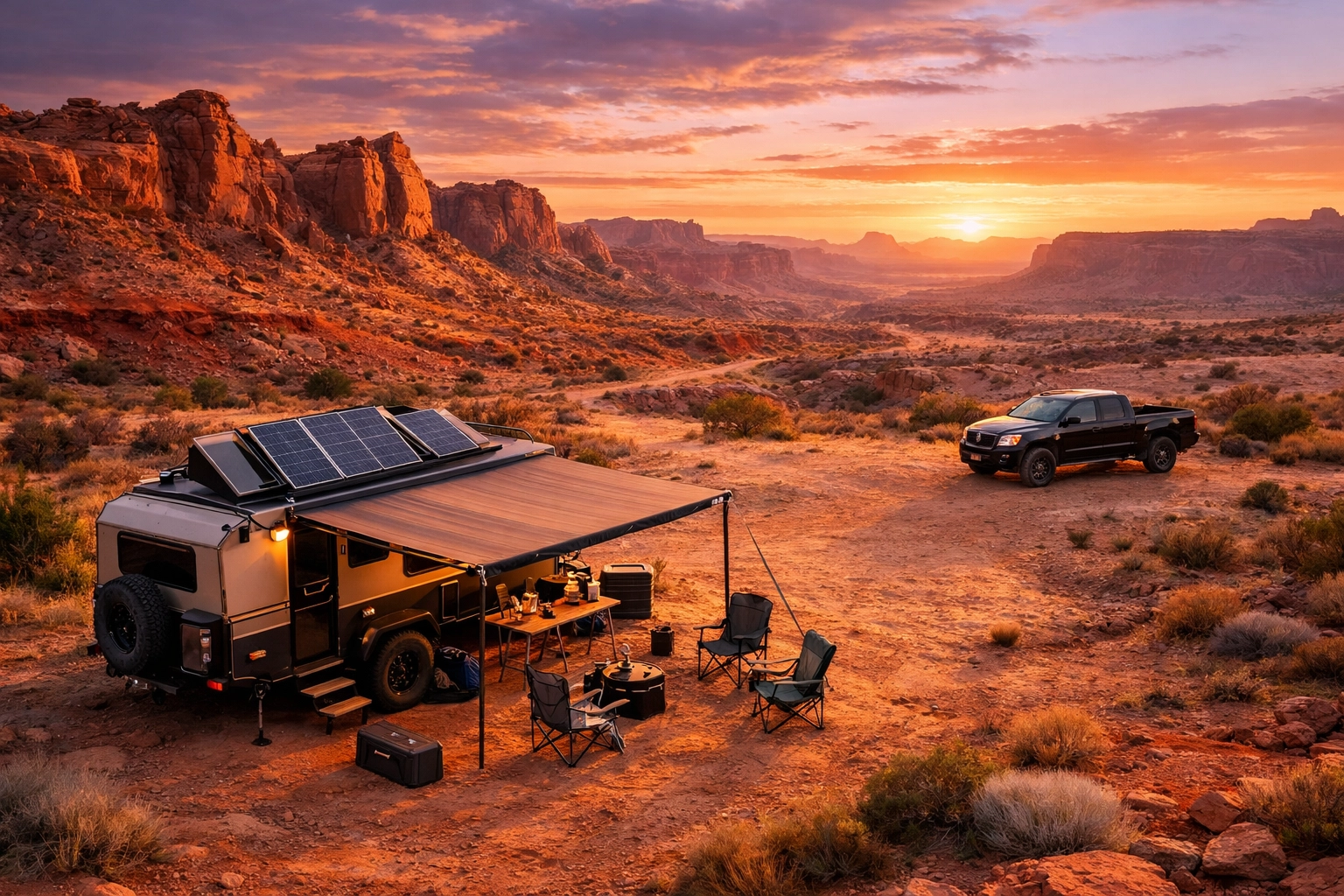 Off-road travel trailer basecamp in desert with truck separated for day trip exploration