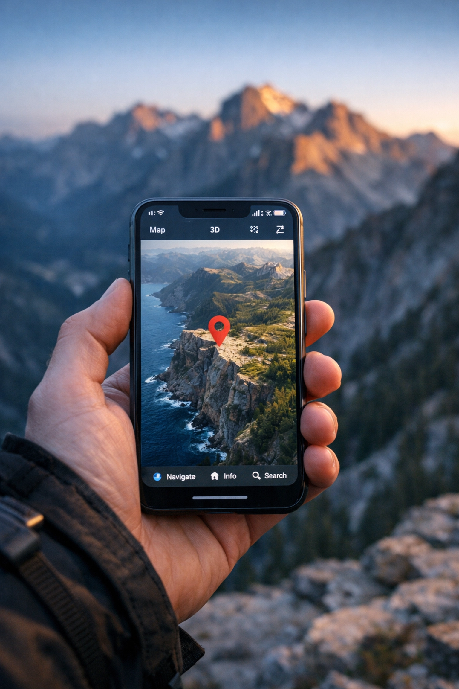 Using a smartphone map to find the best photography locations near me in a mountain range at dawn.