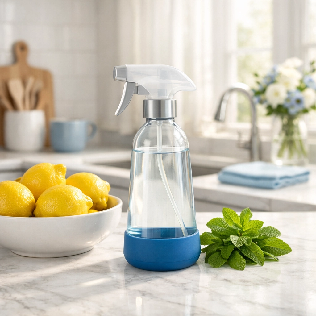 Eco-friendly glass spray bottle with vinegar and lemons in a clean minimalist kitchen for non-toxic cleaning.