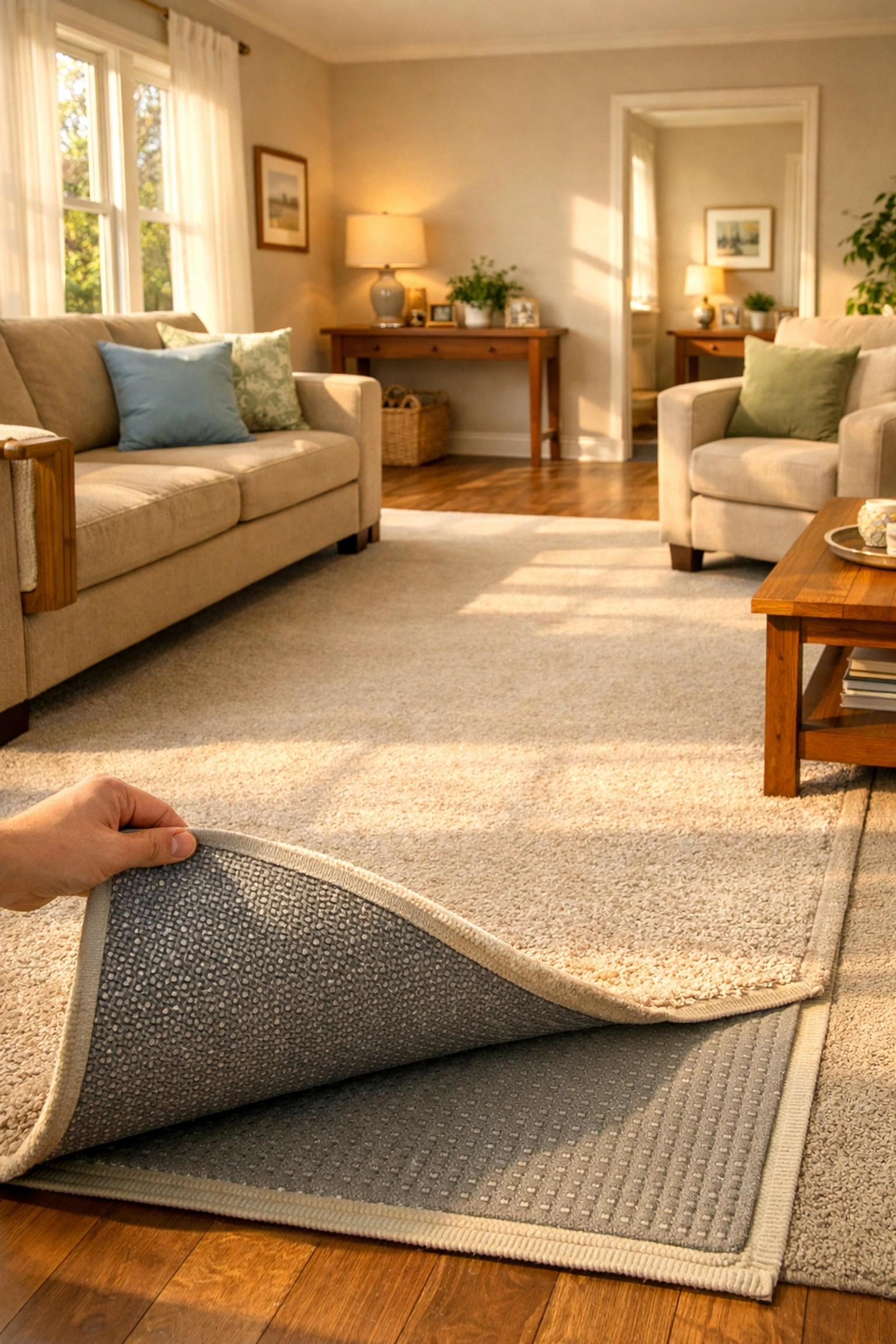 Living room with secured electrical cords, clear walking paths, and furniture arranged for fall safety