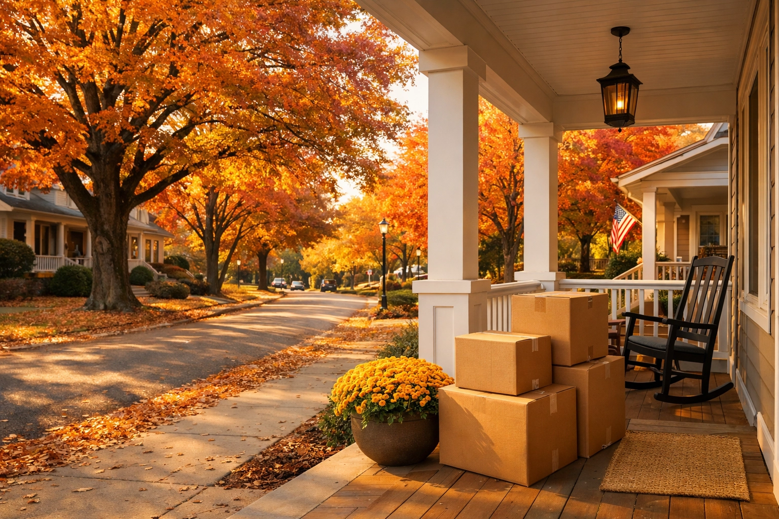 Moving to a Raleigh NC home during the autumn season with colorful oak trees and boxes on the porch.