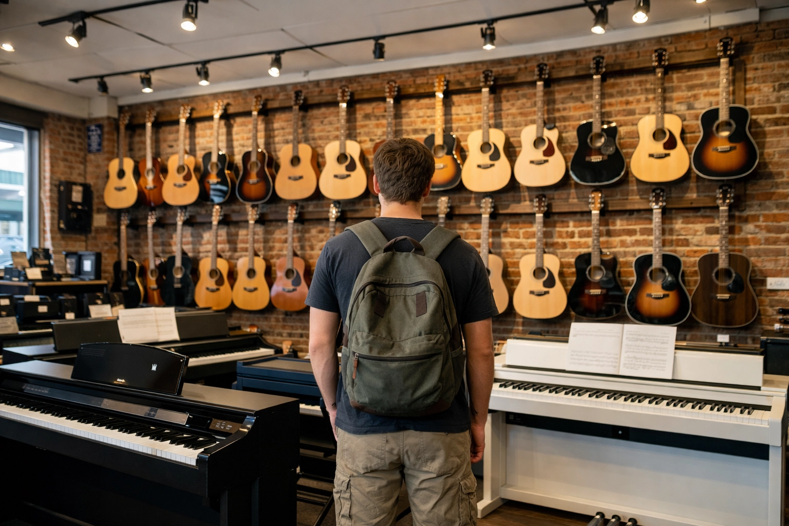 Inside a Tallahassee music store with guitars and digital pianos for local students.