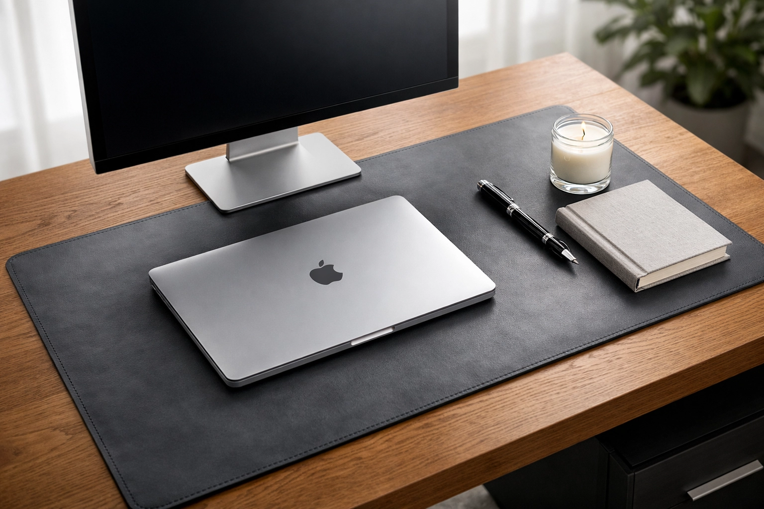 Organized minimalist executive desk with a laptop and professional candle in a bright office.