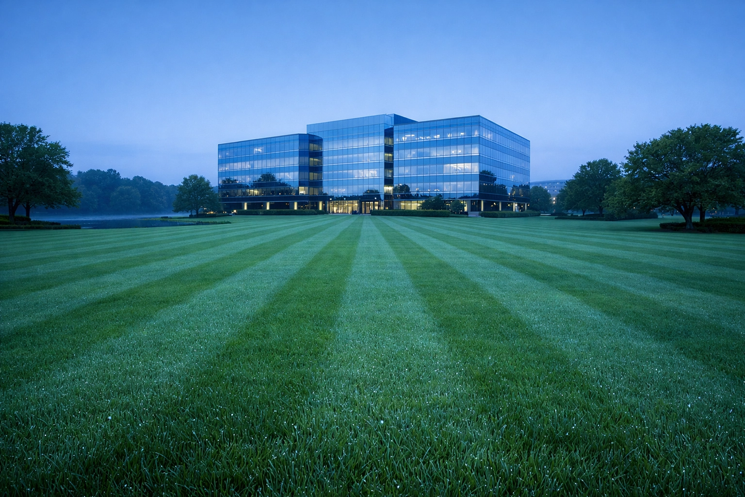 Manicured commercial lawn in Alabama demonstrating stable year-round landscaping business revenue.