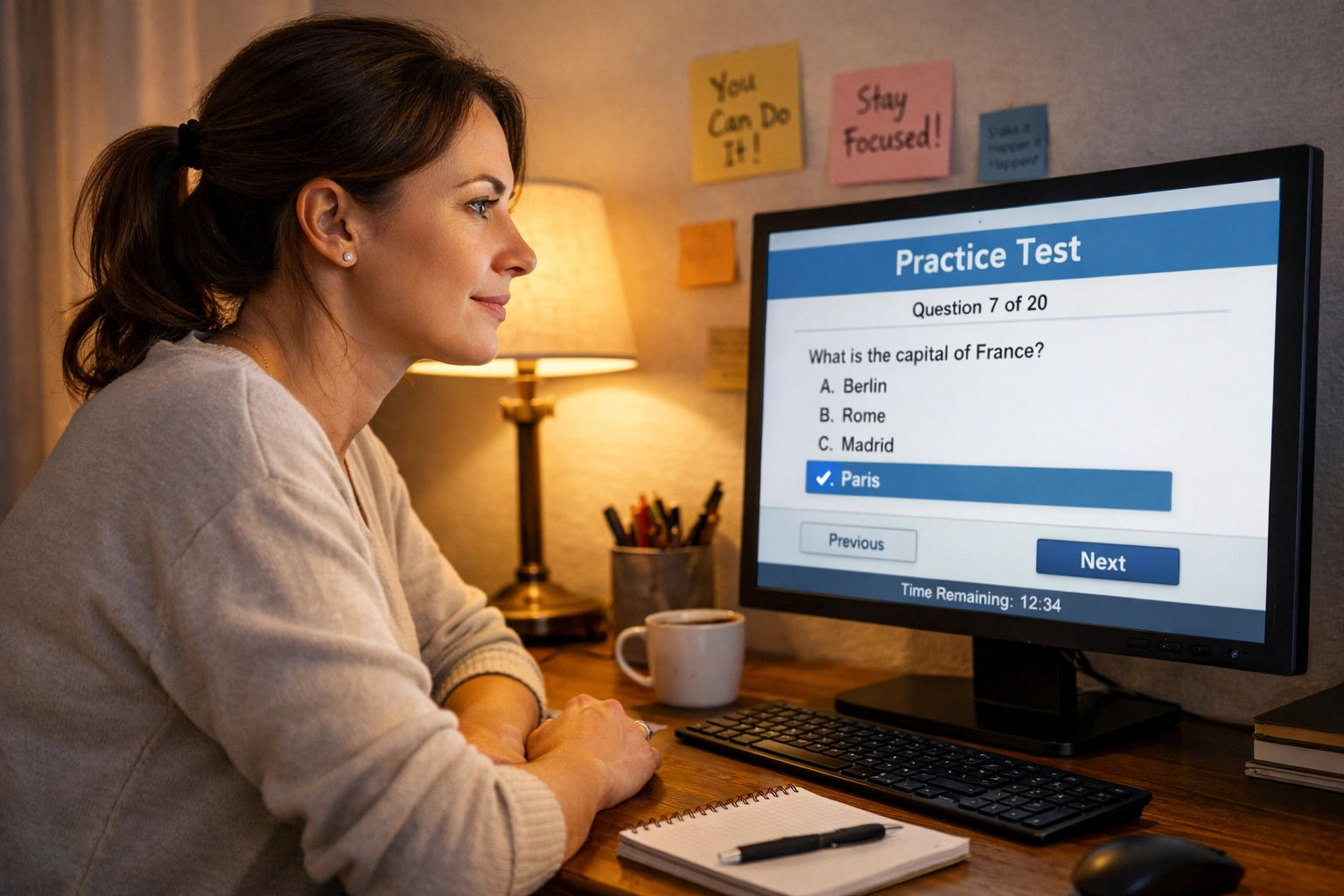 Adult learner preparing for CLEP practice test on computer at home study desk